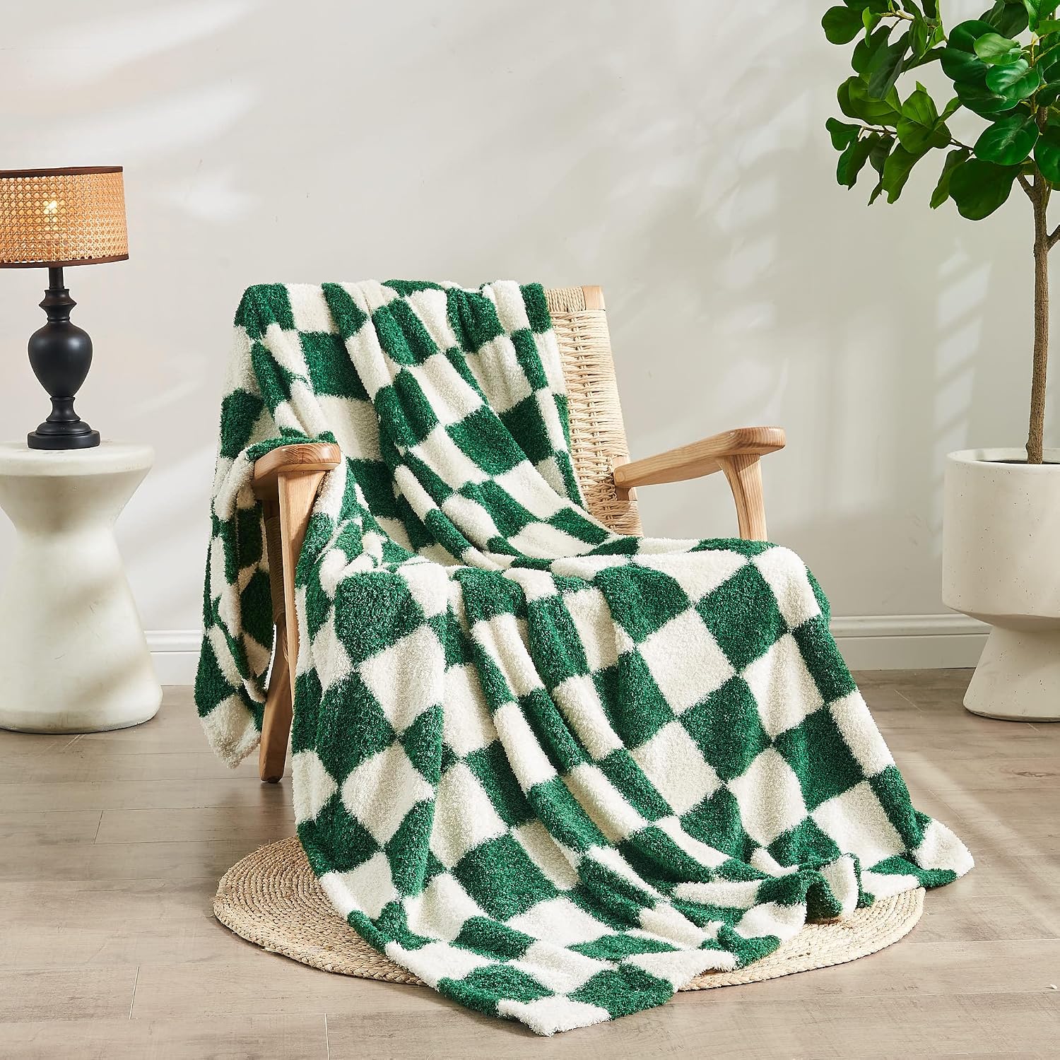 Qeils Checkered Knit Blanket, Forest Green